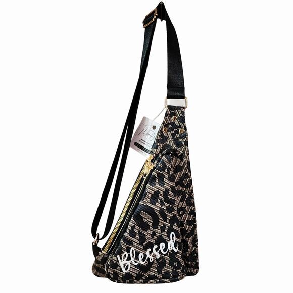 Blessed Leopard Print Faux Leather Triangle Bum Crossbody Bag Adjustable Strap - Picture 1 of 6